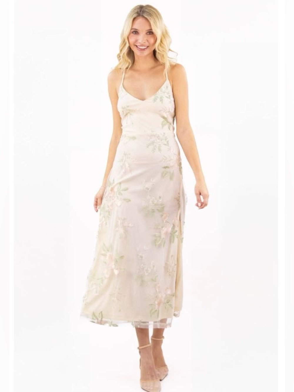 Ladies Cream Floral Embroidered Midi Slip Dress